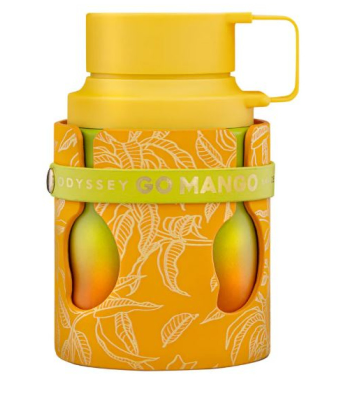 A yellow insulated water bottle with a handle, shown inside a branded orange sleeve printed with mango leaf patterns and a lime-green band reading ODYSSEY GO MANGO.