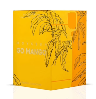 Odyssey Go Mango perfume box in a bright yellow-orange color with black botanical line art and white lettering, shown on a white background with a soft reflection.