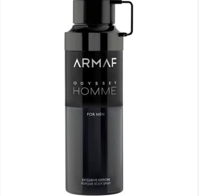 A black cylindrical ARMAF Odyssey Homme perfume body spray bottle with a black cap and handle, shown on a plain white background.