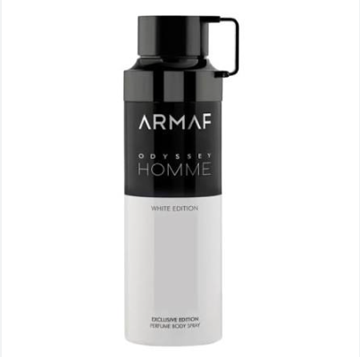 Armaf Odyssey Homme White Edition perfume body spray bottle, featuring a black upper section with a black handle cap and white lower section, on a plain white background.