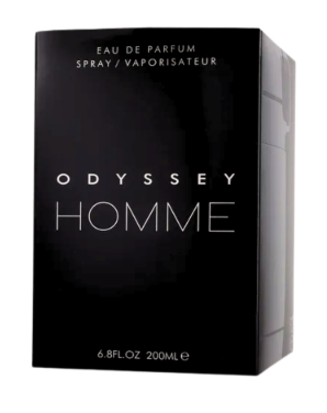 Odyssey Homme Eau de Parfum spray bottle packaging box, featuring a sleek black design with silver lettering and a subtle gradient shadow on the right side.