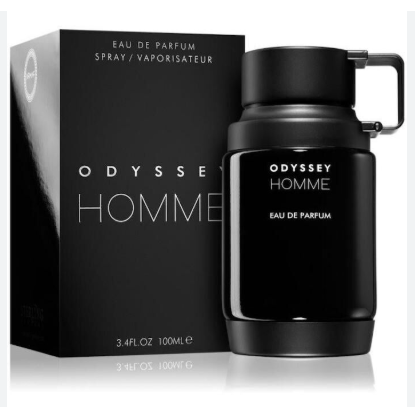 Odyssey Homme Eau de Parfum bottle and its black packaging box, featuring a matte black finish with white lettering.