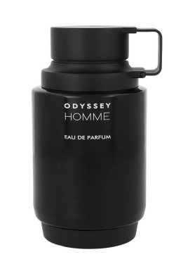 Odyssey Homme Eau de Parfum bottle in matte black with white text and a black handle, shown on a plain white background.