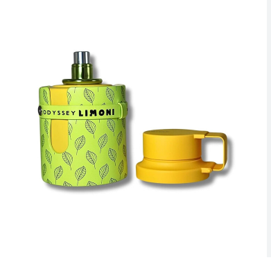 Odyssey Limoni perfume bottle in a bright yellow-green color with a leaf pattern, shown next to its yellow cap on a white background.