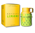Odyssey Limoni Fresh Edition Eau de Parfum bottle next to its yellow packaging box, featuring a bright yellow cap and a green patterned sleeve with leaf motifs.