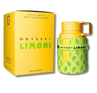 Odyssey Limoni Fresh Edition Eau de Parfum bottle next to its yellow packaging box, featuring a bright yellow cap and a green patterned sleeve with leaf motifs.