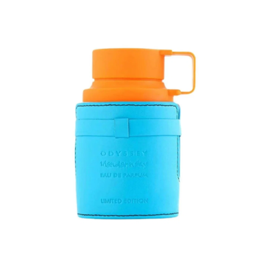 A blue leatherette bottle sleeve with an orange cap and handle, featuring embossed text reading 'ODYSSEY MERLENEAU EAU DE PARFUM' and 'LIMITED EDITION' on a white background.