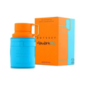 Odyssey Mandarinity For Men Eau De Parfum bottle in blue and orange next to its matching orange and blue packaging box, on a white background.