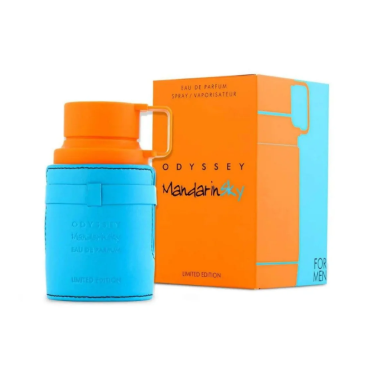 Odyssey Mandarinity For Men Eau De Parfum bottle in blue and orange next to its matching orange and blue packaging box, on a white background.