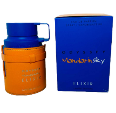 Odyssey Mandarin Elixir Eau de Parfum bottle in an orange leatherette case with a blue cap and handle, shown next to its blue packaging box.
