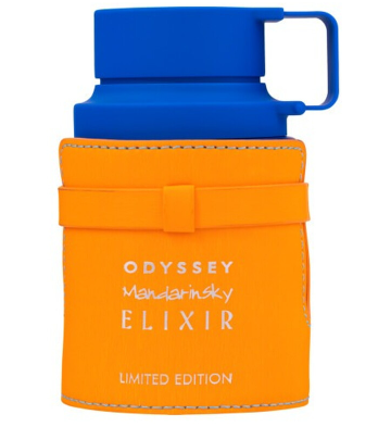 A blue handled bottle or tumbler wrapped in a bright orange sleeve with white text reading 'ODYSSEY Mandarininsky ELIXIR LIMITED EDITION' on a plain white background.