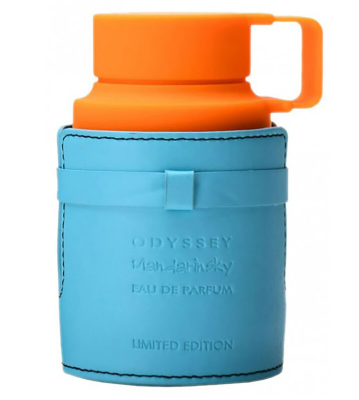 A light blue leather perfume bottle sleeve with an embossed Odysseus Mendelinsky Eau De Parfum logo, featuring a bright orange cap and handle on a white background.