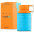 Odyssey Mandarin Sky Eau de Parfum Limited Edition, featuring a bright blue cylindrical bottle with an orange cap and handle, standing in front of its orange packaging box.