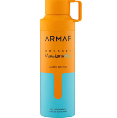 An orange and light blue cylindrical perfume spray bottle with a handle on the cap, featuring the brand name ARMAF and the scent name Mandarin Kiss.