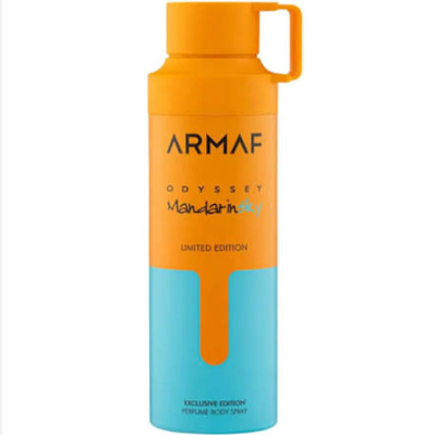 Armaf Odyssey Mandarinity Limited Edition perfume bottle with a bright orange cap and handle, featuring a split orange and light blue design on a white background.