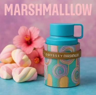 A turquoise insulated bottle with a handle and a patterned wrap that reads ODYSSEY MARSHMALLOW, styled with pink hibiscus flowers and pastel marshmallows on a pink and blue background with the word MARSHMALLOW at the top.