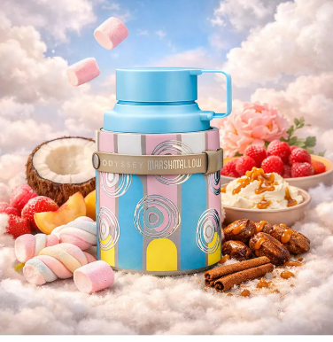A pastel-colored insulated travel mug with a blue lid and handle, decorated with pink, blue, and yellow arches and circular patterns. The mug is surrounded by marshmallows, raspberries, a coconut half, whipped cream, and cinnamon sticks on a fluffy white cloud-like surface with a blue sky background.