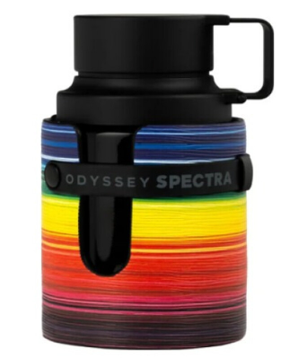 An Odyssey Spectra insulated water bottle with a black lid and handle, featuring a vibrant multicolor striped pattern in blue, green, yellow, orange, red, and purple on a white background.