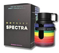 Odyssey Spectra Rainbow Edition Eau de Parfum bottle next to its black packaging box, featuring a vibrant rainbow striped design on the bottle.