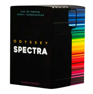 Odyssey Spectra Rainbow Edition Eau de Parfum box, featuring a black front with gold and white lettering and a vibrant rainbow-striped side panel.