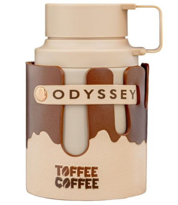 A beige insulated water bottle with a matching beige lid and handle, wrapped in a brown faux-leather sleeve featuring chocolate-drip cutouts and the brand name ODYSSEY on a beige band. The sleeve also has 'TOFFEE COFFEE' printed near the bottom.