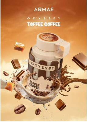 A stylized promotional graphic for Armaf Odyssey Toffee Coffee, showing a coffee mug with a handle and coffee splash, surrounded by floating coffee beans, chocolate pieces, and milk splashes on a warm orange-brown background.