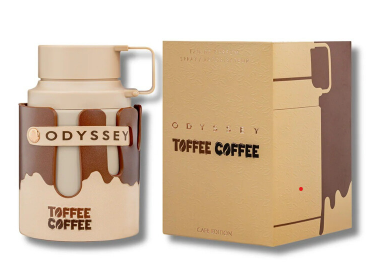 A beige insulated bottle with a handle and a matching beige-and-brown box, both printed with the words 'ODYSSEY TOFFEE COFFEE' and a coffee-drip graphic, on a white background.