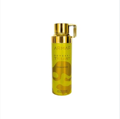 A cylindrical gold perfume bottle with a matching gold cap and side loop, featuring yellow and gold abstract patterns and the text 'ARMAF ODYSSEI TWENTY' on a plain white background.
