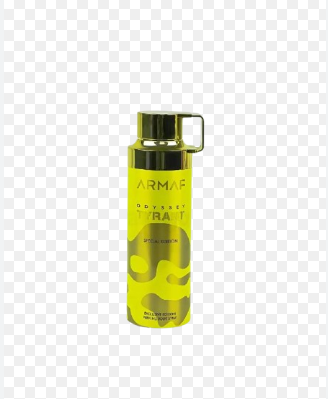 A cylindrical metallic spray bottle with a gold cap and handle, featuring a yellow and gold camouflage pattern and the brand name ARMAR, shown on a transparent checkered background.