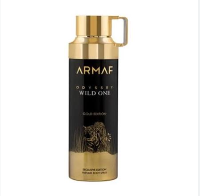 Armaf Odyssey Wild One Gold Edition perfume body spray bottle with a black and gold label, featuring a tiger illustration and a gold cap with a handle, on a white background.