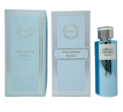 Armaf Seine Amour Belvico fragrance shown with a pale blue box, a matching pale blue carton, and a blue cylindrical bottle with a silver cap on a white background.