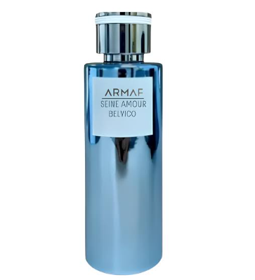 A cylindrical blue glass bottle with a reflective metallic silver cap, featuring a white label with the text 'ARMAE SEINL AMOUR BELVICO'.