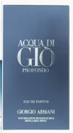 Giorgio Armani Acqua di Gio Profumo Eau de Parfum bottle, featuring a deep blue gradient rectangular design with gold lettering.