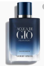 Giorgio Armani Acqua di Gio Profondo Eau de Parfum bottle, featuring a blue-to-clear gradient glass bottle with a metallic navy cap.