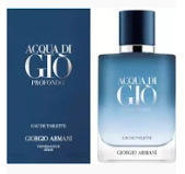 Giorgio Armani Acqua di Gio Profumo Eau de Parfum bottle and its matching blue packaging box, featuring a gradient blue design and a dark cap.