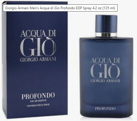 Giorgio Armani Acqua di Gio Profondo EDP Spray 4.2 oz (125 ml) bottle next to its dark blue packaging box, featuring silver lettering on a white background.
