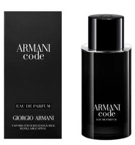Armani Code Eau de Parfum bottle and its black packaging box, featuring Giorgio Armani branding on a plain white background.