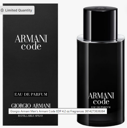 Giorgio Armani Armani Code Eau de Parfum refillable spray bottle next to its black packaging box, featuring white text and a silver band on the bottle.