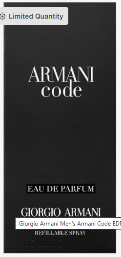 Giorgio Armani Armani Code Eau de Parfum refillable spray bottle packaging, featuring a black box with white text and a white 'Limited Quantity' label overlay.