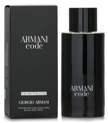 Giorgio Armani Code Eau de Toilette bottle and its black packaging box, featuring the brand name 'ARMANI code' and 'GIORGIO ARMANI' in white text.