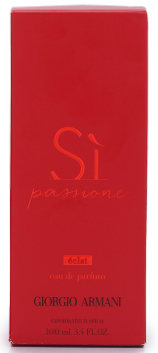 Giorgio Armani S1 passion perfume box in red with gold lettering, shown against a white background.