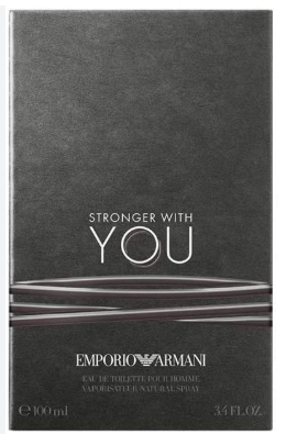 Front of an Emporio Armani Stronger With You fragrance box in dark charcoal gray with white text and a thin metallic-looking horizontal stripe detail.