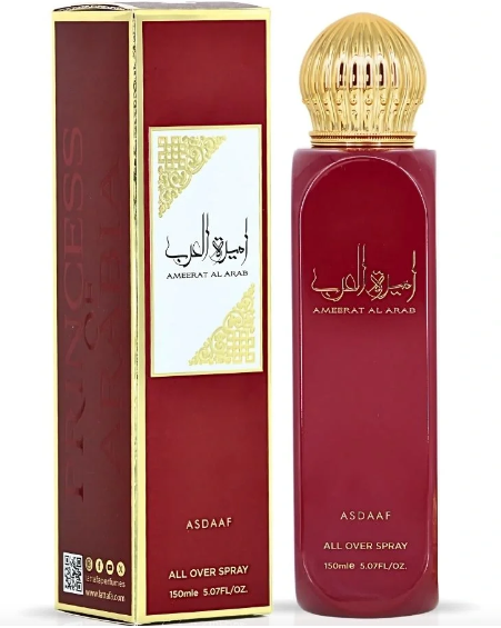 Asdaaf Ameerat Al Arab perfume bottle and matching box, both in deep red with gold detailing, on a white background.