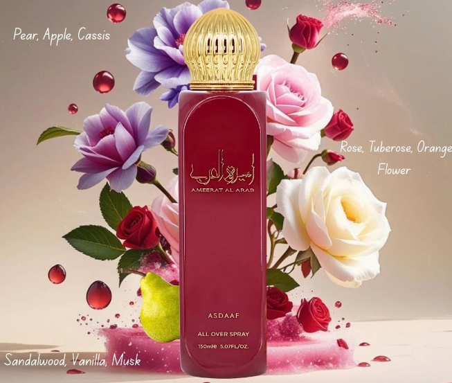 A bottle of Asdaaf All Over Spray perfume in a deep red glass bottle with a gold cap, surrounded by illustrated flowers including roses, a pear, and citrus slices on a beige background.