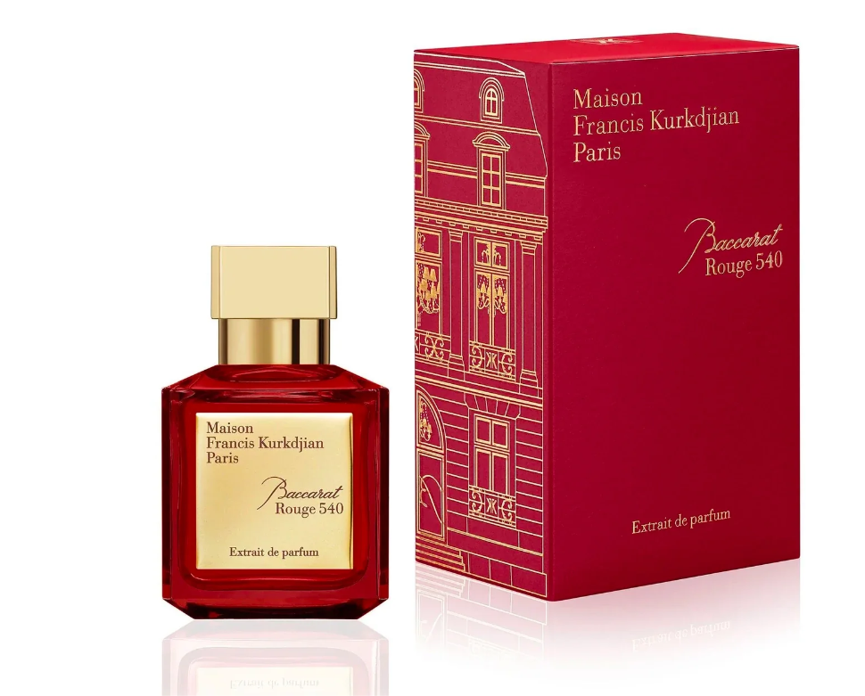 Maison Francis Kurkdjian Paris Pacacarat Rouge 540 Extrait de Parfum bottle and its red illustrated packaging box on a white background.