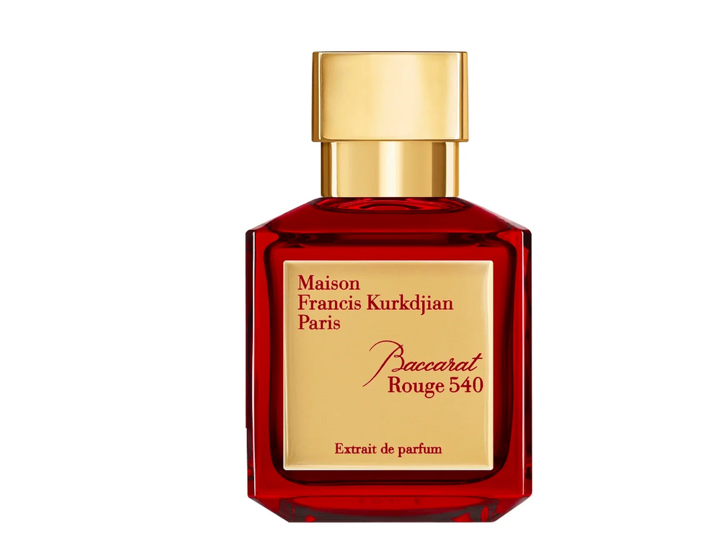 Maison Francis Kurkdjian Paris Paccarat Rouge 540 Extrait de Parfum in a red glass bottle with a gold cap and gold label.