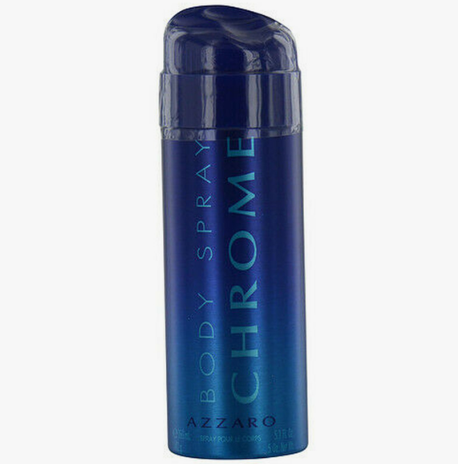 A blue cylindrical can of Azzaro Chrome Body Spray on a plain white background.