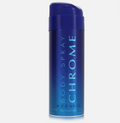A blue cylindrical Azzaro Chrome body spray canister with a matching blue cap, shown on a light gray background.