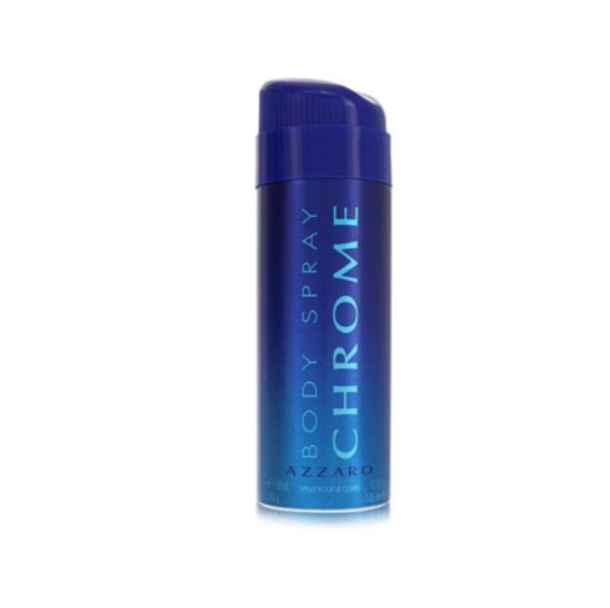 A blue cylindrical can of Azzaro Chrome Body Spray on a plain white background.
