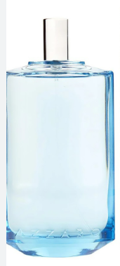 A clear glass perfume bottle with a light blue tint and a silver cylindrical cap, shown against a plain white background.